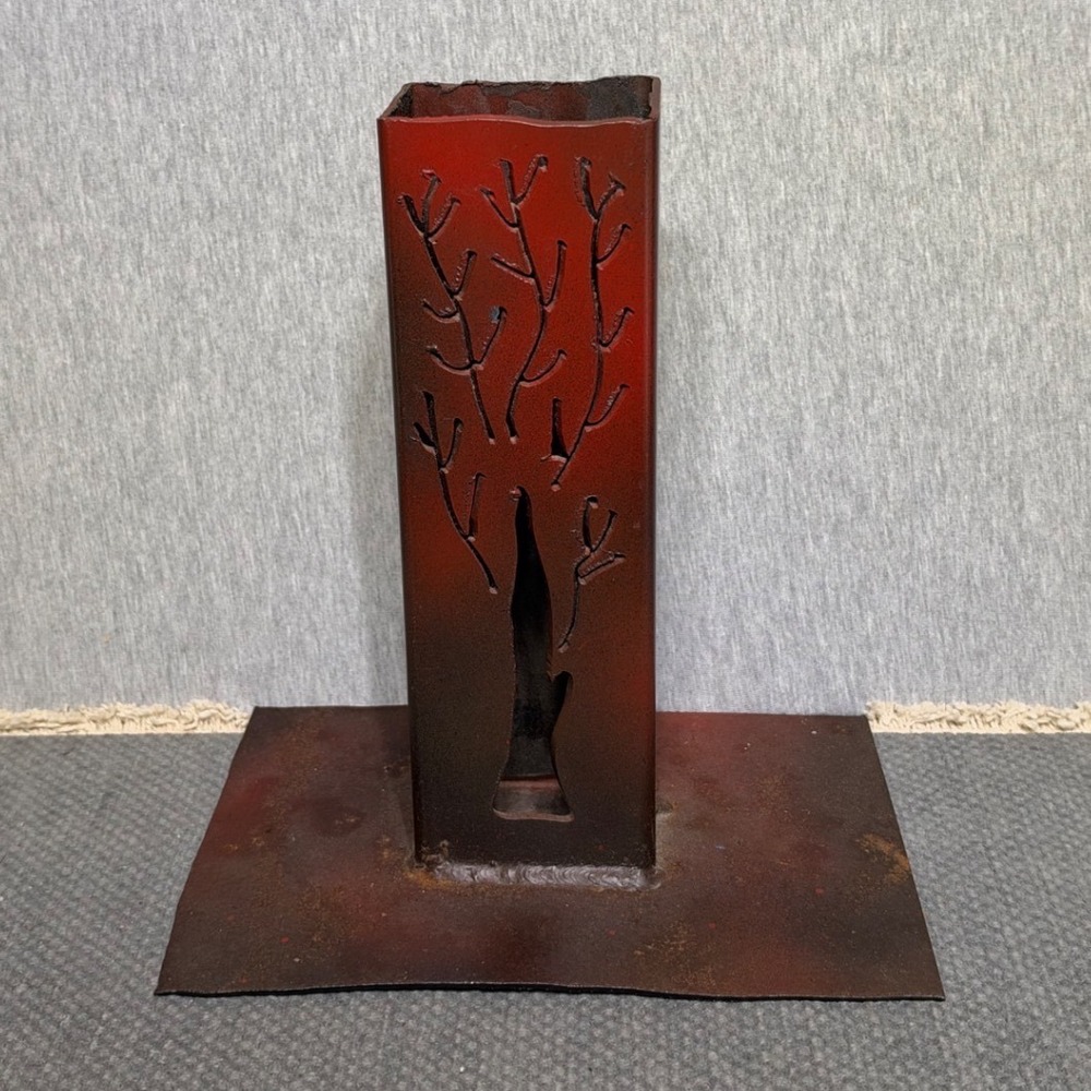 Rustic Metal Tree Art Fireplace Matches Holder Orange Industrial Cabin Decor10in